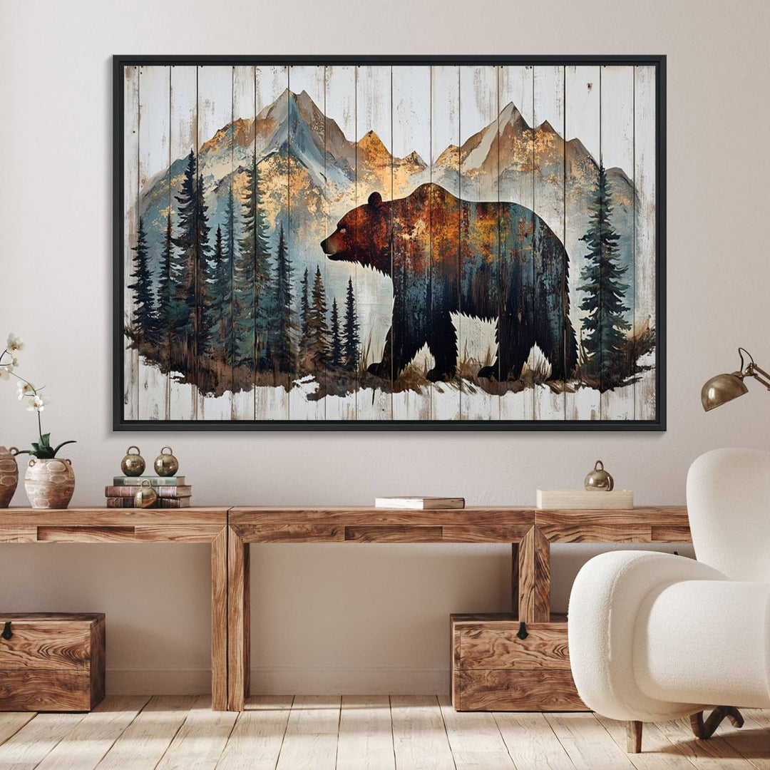 The living room features Rustic Grizzly 399 bear wall art, adding a cozy touch to the setup.