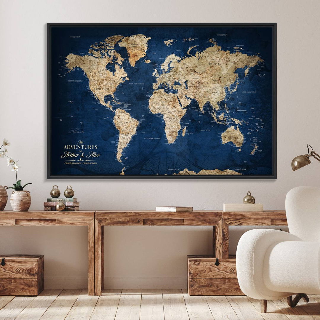 A Personalized Custom World Map Canvas Print on blue hangs prominently.