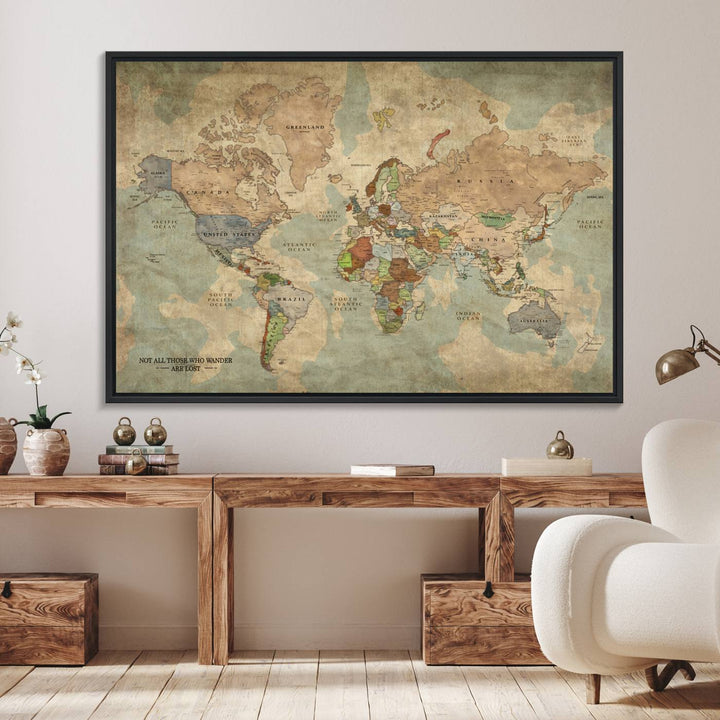 A Personalized World Map Canvas Print in vintage style enhances the setting with its artistic charm.