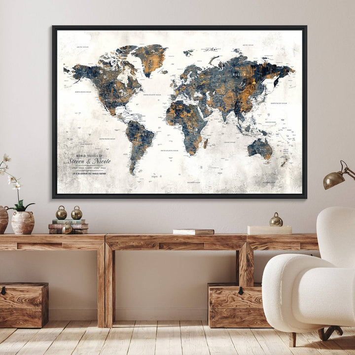 A Personalized Push Pin Map Wall Art Print is displayed in front of a house door.