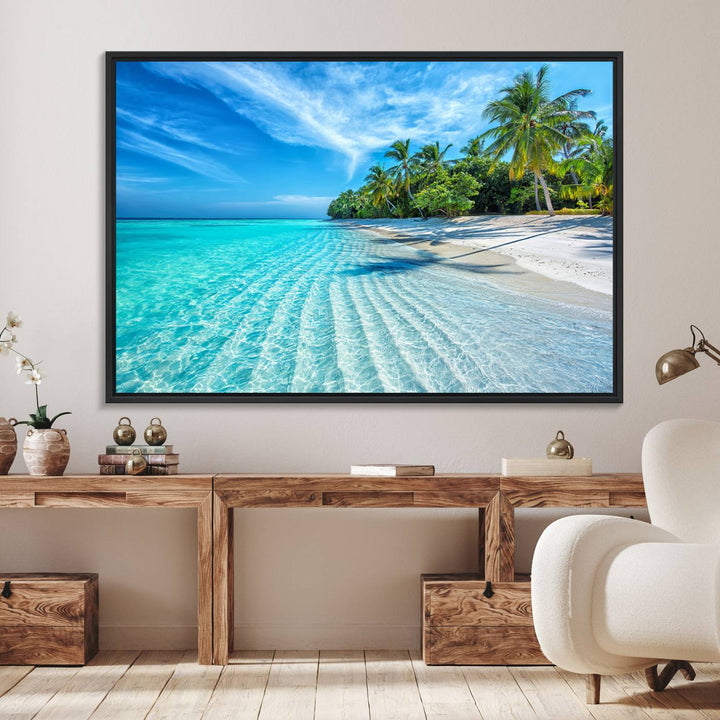 The Tropical Beach Wall Art Canvas Print features turquoise water and palm trees.