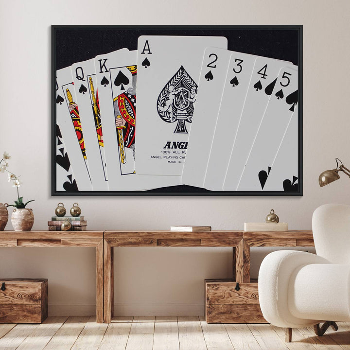 The oversized Poker Wall Art features the Ace of Spades and is displayed on a porch.