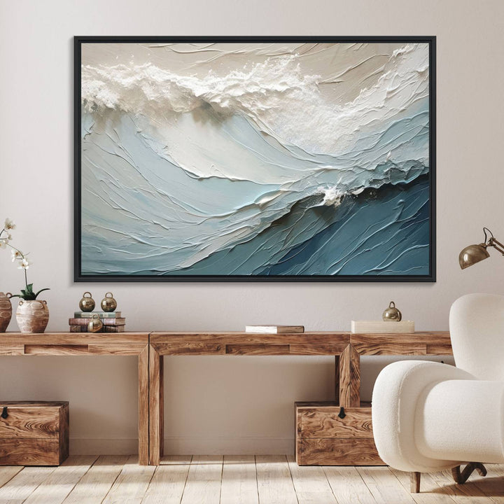 Waves Abstract Wall Art Print displayed on a porch with white siding.