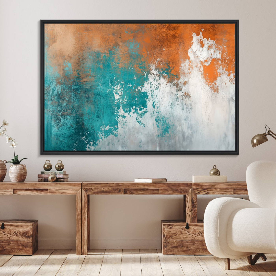 The Vintage Abstract Print - Bold Teal and Orange Canvas Wall Art is displayed on a porch.