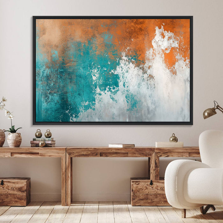 The Vintage Abstract Print - Bold Teal and Orange Canvas Wall Art is displayed on a porch.