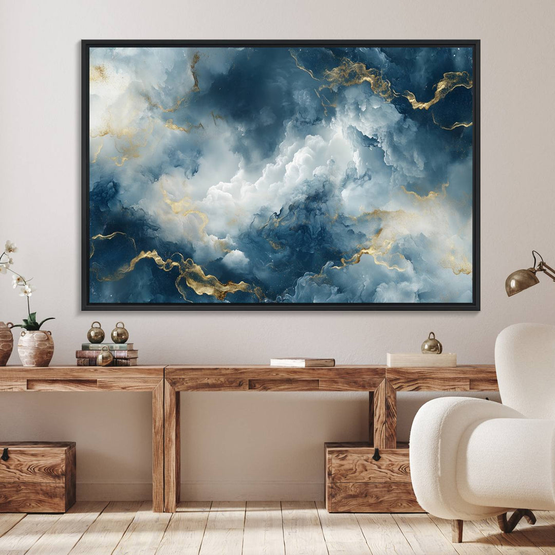 Luxe Blue and Gold Canvas Wall Art - a large abstract print.