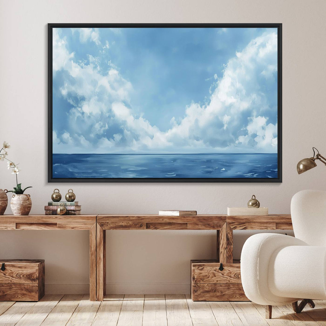 Abstract Ocean Print - Serene Blue Canvas displayed on a porch featuring minimalist decor.