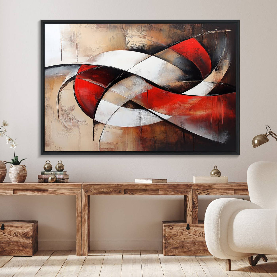 The Abstract Wall Art - Modern Red and White Canvas is displayed prominently in front of an entrance.