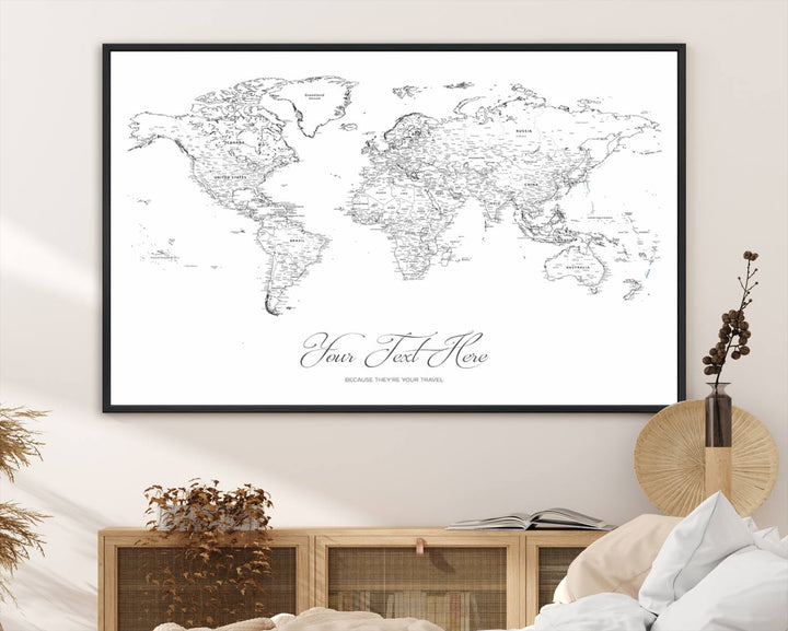 A large Framed Push Pin Mini World Travel Map Wall Art Print features customizable text and is designed as a premium cork pin board canvas with labeled countries for a gallery-quality finish.