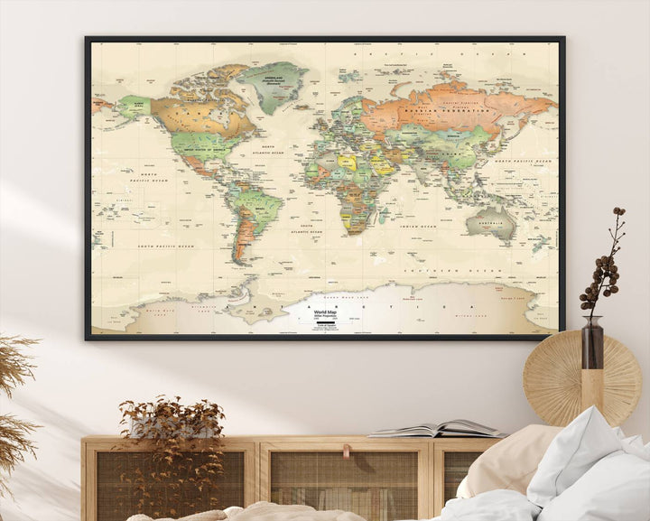 The Large Push Pin World Map Wall Art Canvas Print, with a gallery-quality finish, is carefully crafted on premium canvas and handmade in the USA. This piece adds a touch of elegance to any space.