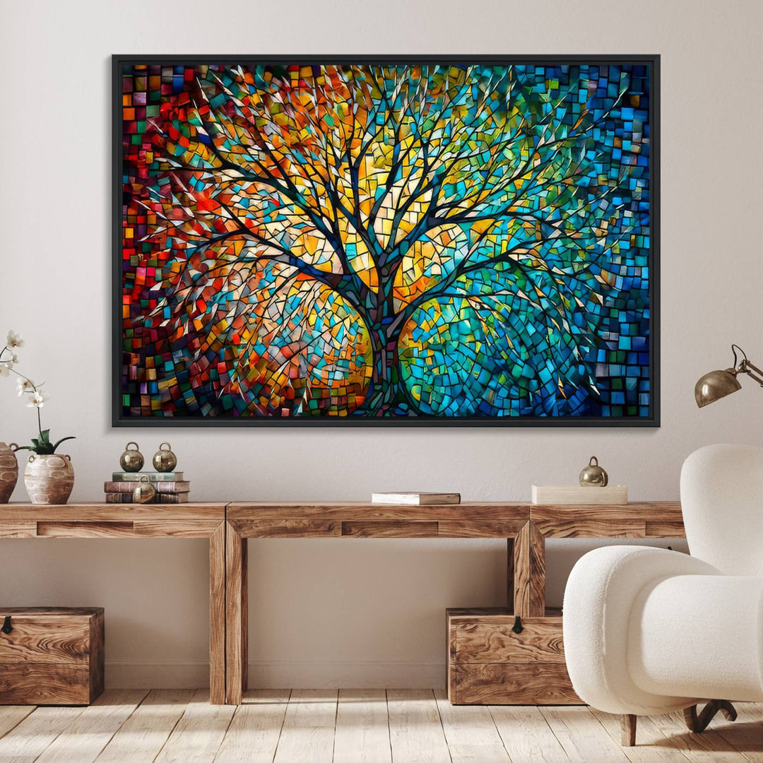 Explore the Yggdrasil Tree of Life Wall Art Print, a 3-panel canvas print made in the USA, featuring a vibrant multicolor mosaic design.