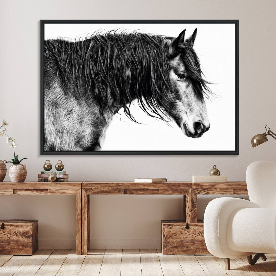 Black Horse Wall Art Canvas Print for farmhouse decor on the kitchen wall.