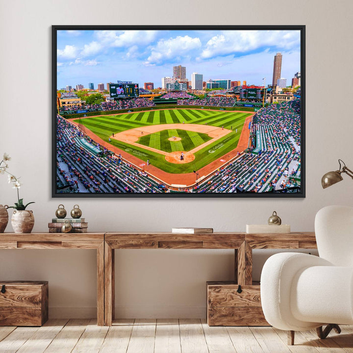 A 3-piece panoramic canvas wall art showcases an aerial view of a packed Chicago Cubs game at Wrigley Field, perfect for sports lovers.