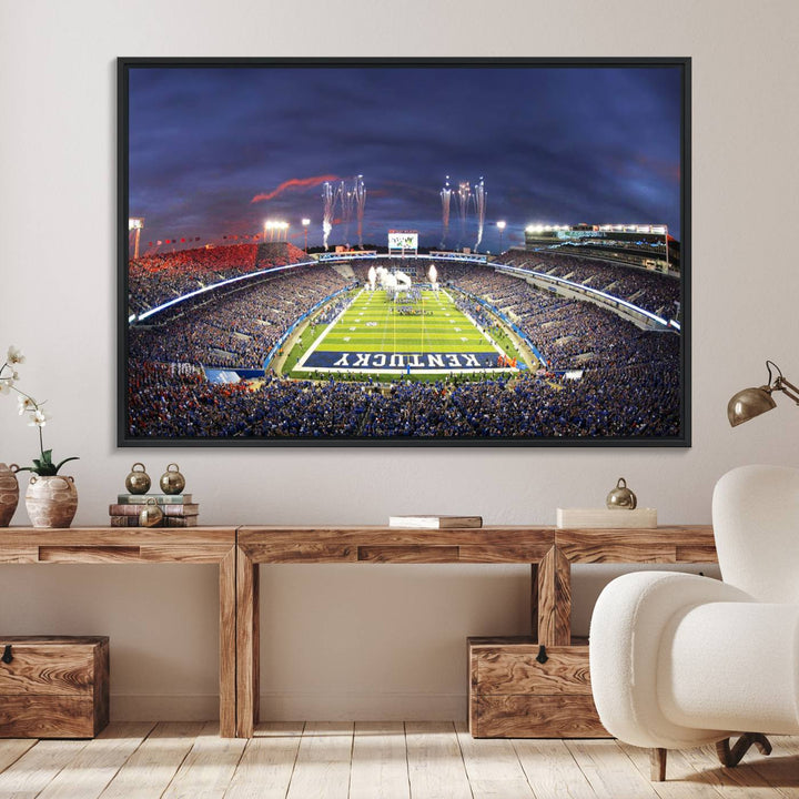 A filled stadium at dusk and fireworks overhead are beautifully captured in the Kroger Field Canvas Wall Art - Sunset Football Stadium Decor.