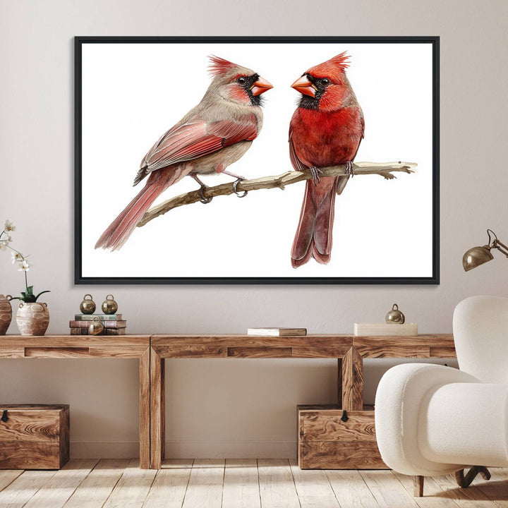 The Cardinal Bird Canvas Wall Art showcases two cardinals on a branch.