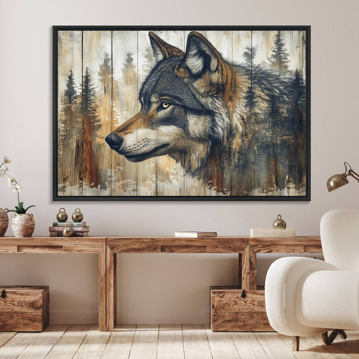 A kitchen dining area features Rustic Wolf Wall Art.