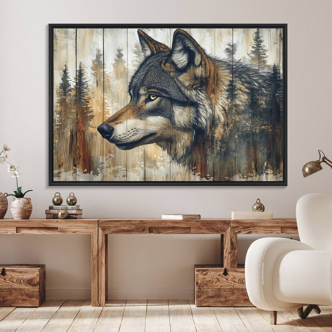 A Rustic Wolf Wall Art Canvas Print in earthy tones adorns the wall above the countertop.