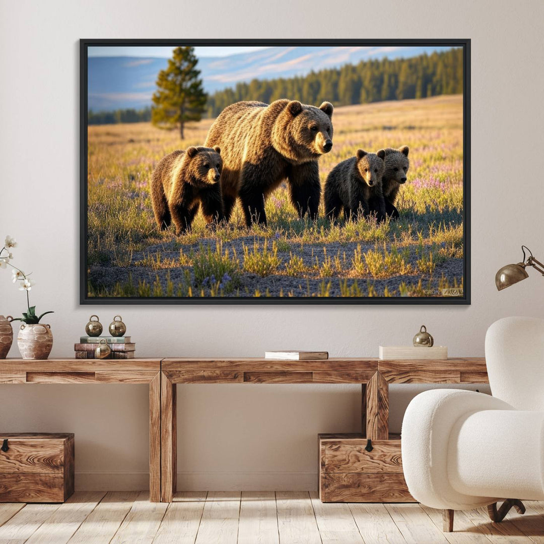 The Grizzly 399 in Wild Flowers wall art canvas print.