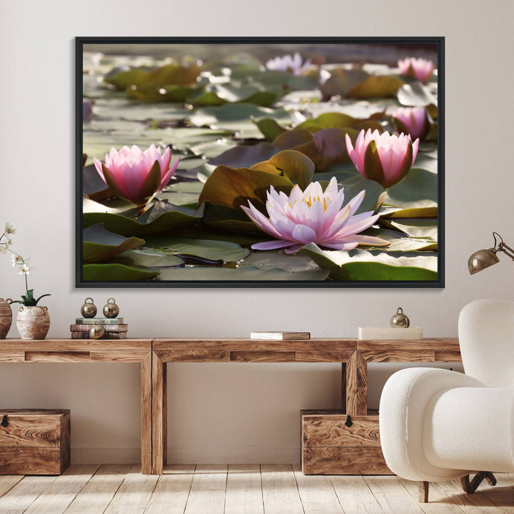 The dining room features the Water Lily Large Canvas Print.