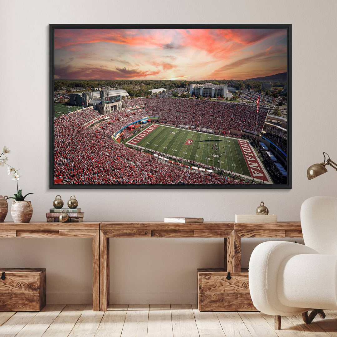 Gallery-quality Indiana Memorial Stadium Wall Art Canvas: A stunning view of the stadium at sunset.