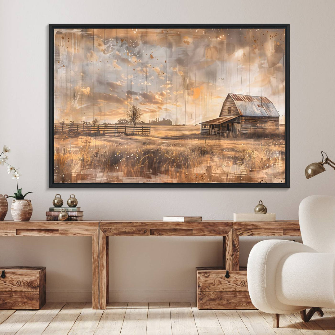 Rustic Farmhouse Wall Art Canvas depicting a barn under a cloudy sky.