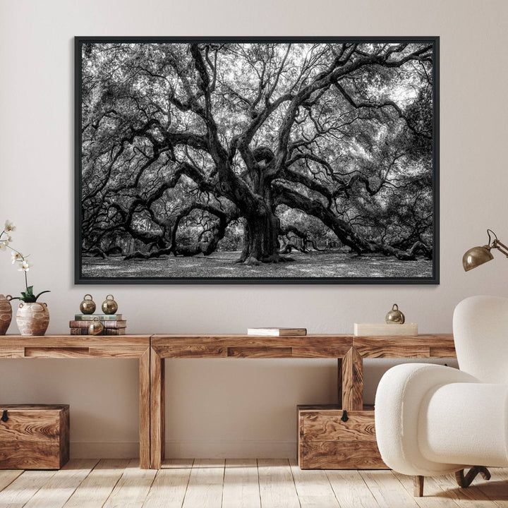 The Black and White Old Angel Oak Tree Canvas Print enhances the modern dining room.