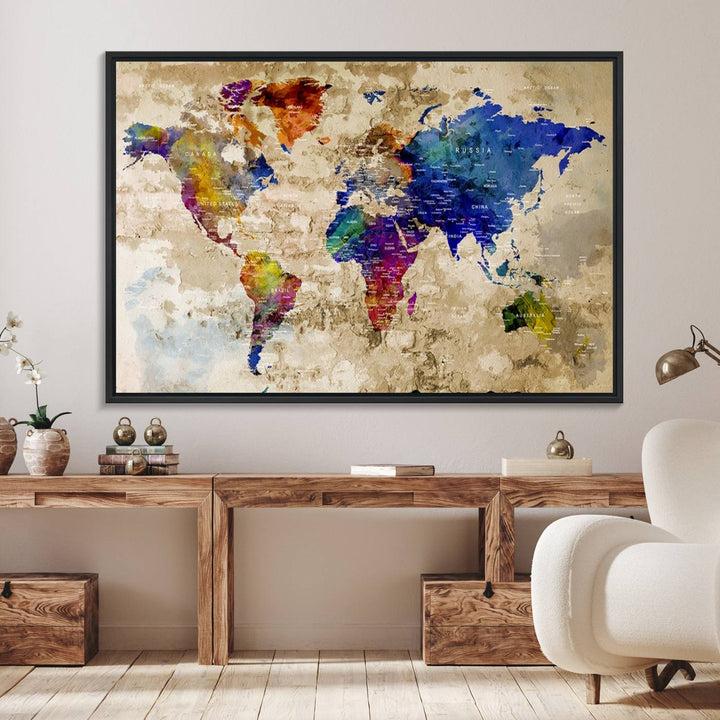 Watercolor World Map Canvas Print with gallery-wrapped edges.