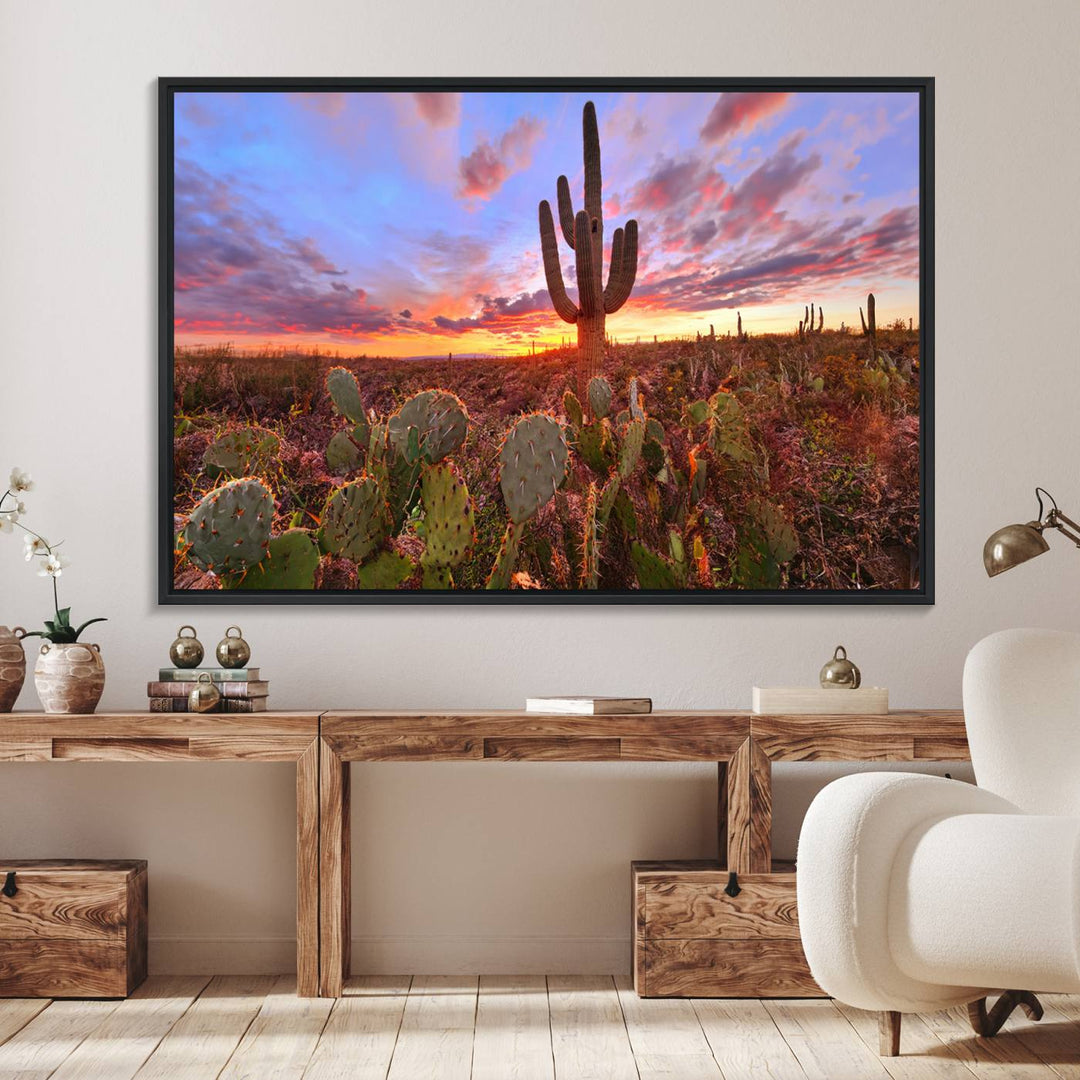 The Arizona Desert Sunset Wall Art Canvas Print featuring cacti is displayed.