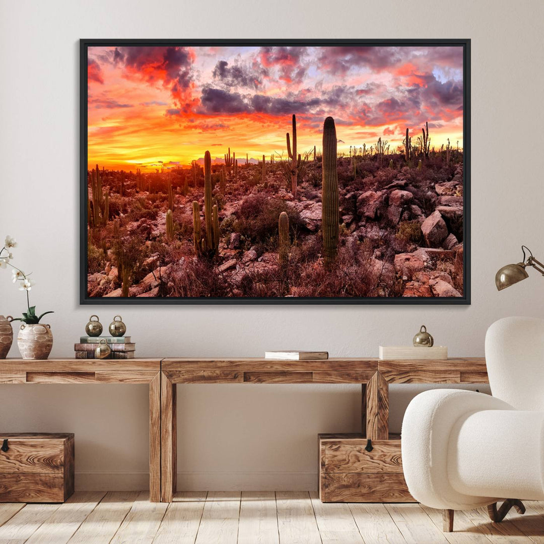 A vibrant desert sunset with cacti, perfect Western Cowboy Wall Art Print.