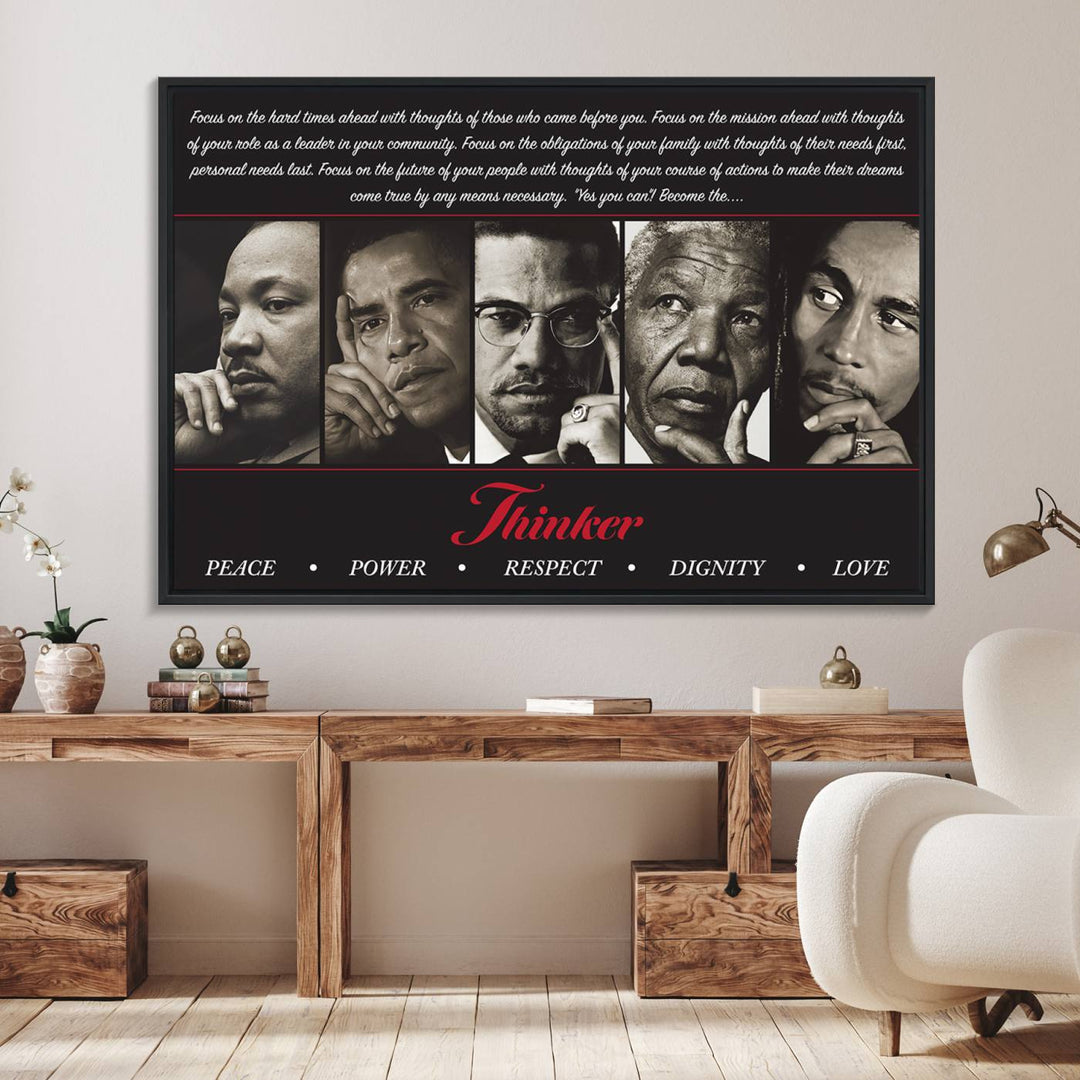 The Thinkers of Wall Art Canvas Print features icons of peace, power, and respect; it is framed and ready to hang.