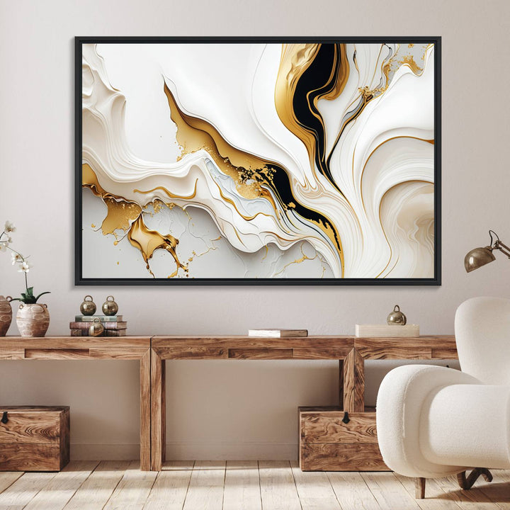 Modern interiors showcase Gold Waves on Pure White Canvas.