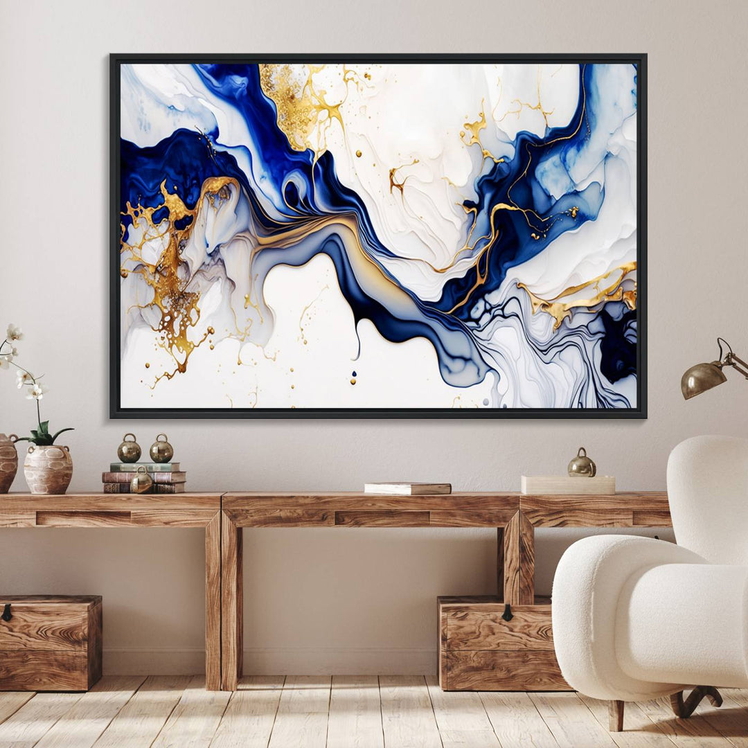 Golden Cascades on Midnight Blue wall art swirls above, featuring gold and white accents.