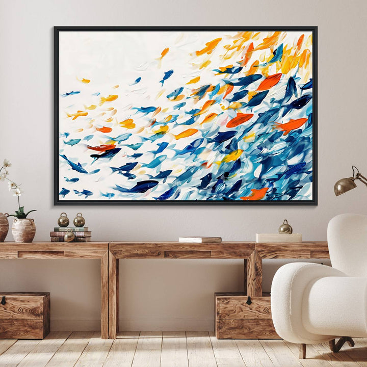 A colorful Abstract Fish Shoal Canvas Print hangs on the wall.