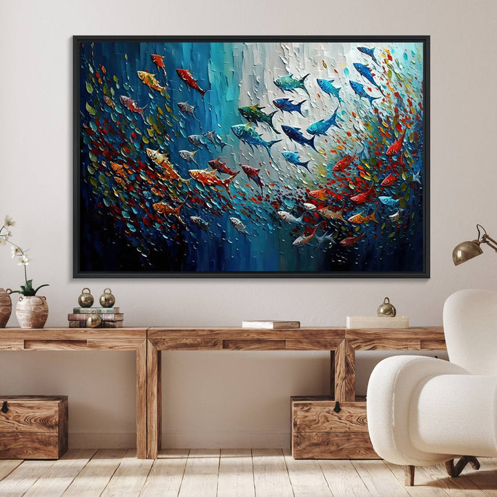 Modern Abstract Fish Shoal Wall Art features blue, red, and orange fish.