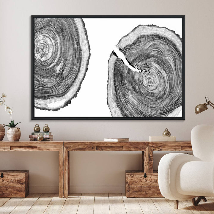 The modern black and white tree rings canvas art adds minimalist geometric decor with nature inspiration.