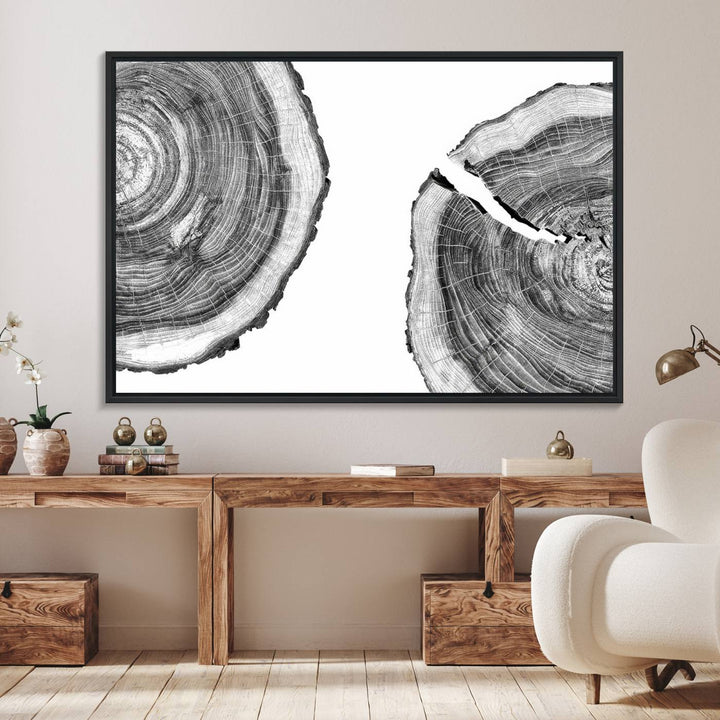 The minimalist art piece Abstract Large Tree Rings on canvas creates a striking focal point.