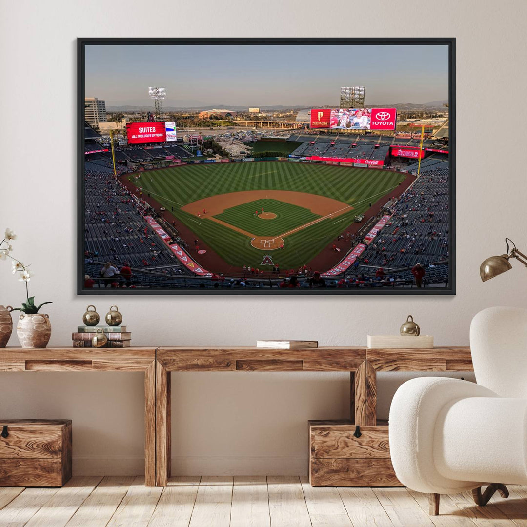 Aerial view of Angel Stadium, perfect as gallery-quality wall art - Los Angeles Angels Canvas Print.