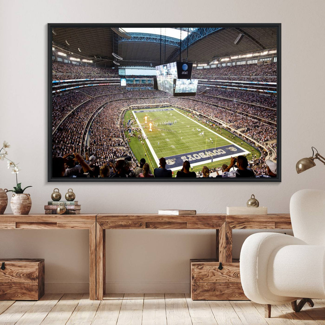 The wall art is a Dallas Cowboys AT&T Stadium Canvas Print, showcasing the iconic logo.