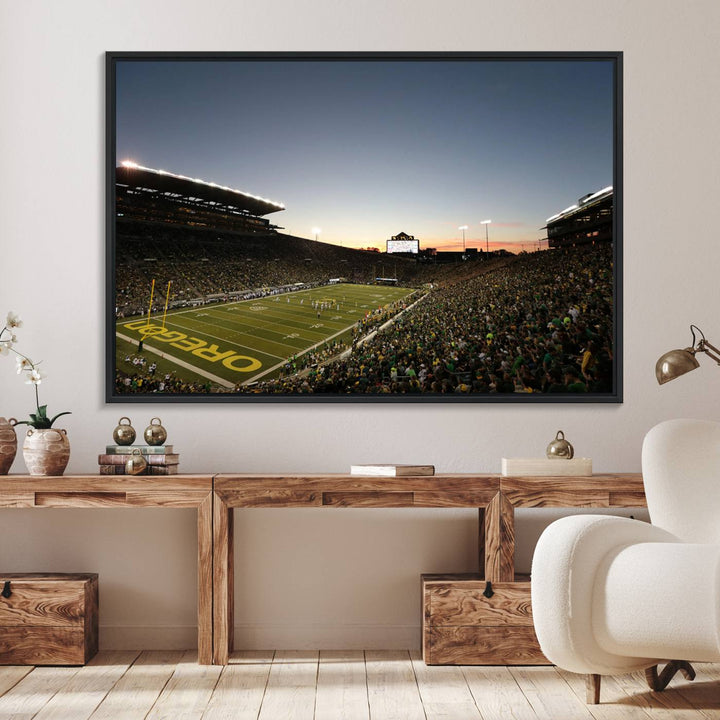 Canvas artwork depicting an Oregon Ducks football game at Autzen Stadium, capturing a sunset and packed stands.