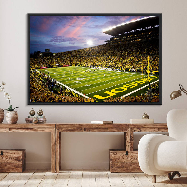 This gallery-quality canvas print features a depiction of the OREGON field filled with fans at sunset, capturing the essence of the University of Oregon Ducks Autzen Stadium.