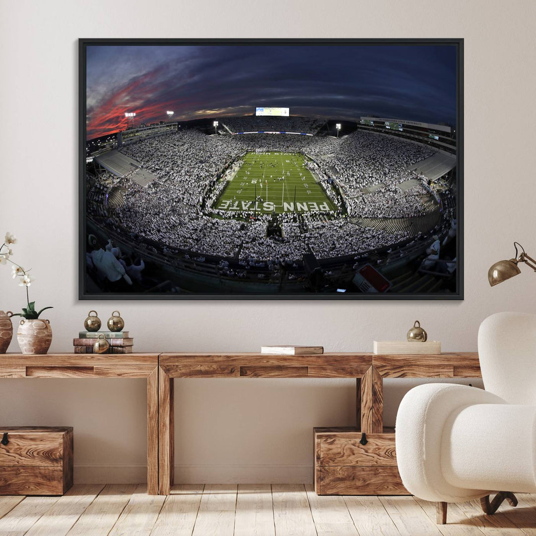 Canvas art capturing the packed Beaver Stadium at dusk, with Penn State emblazoned on the field and a sea of white-clad fans—true perfection.