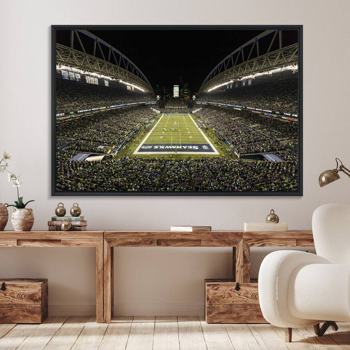 Handmade Seattle Seahawks Stadium Canvas Wall Art Print featuring an aerial view of Night football at CenturyLink Field marked Seahawks.