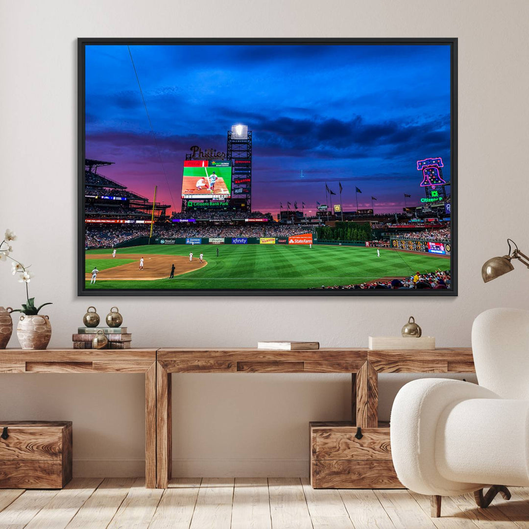 The Phillies canvas print captures a stunning sunset, vibrant signage, and players on the field.