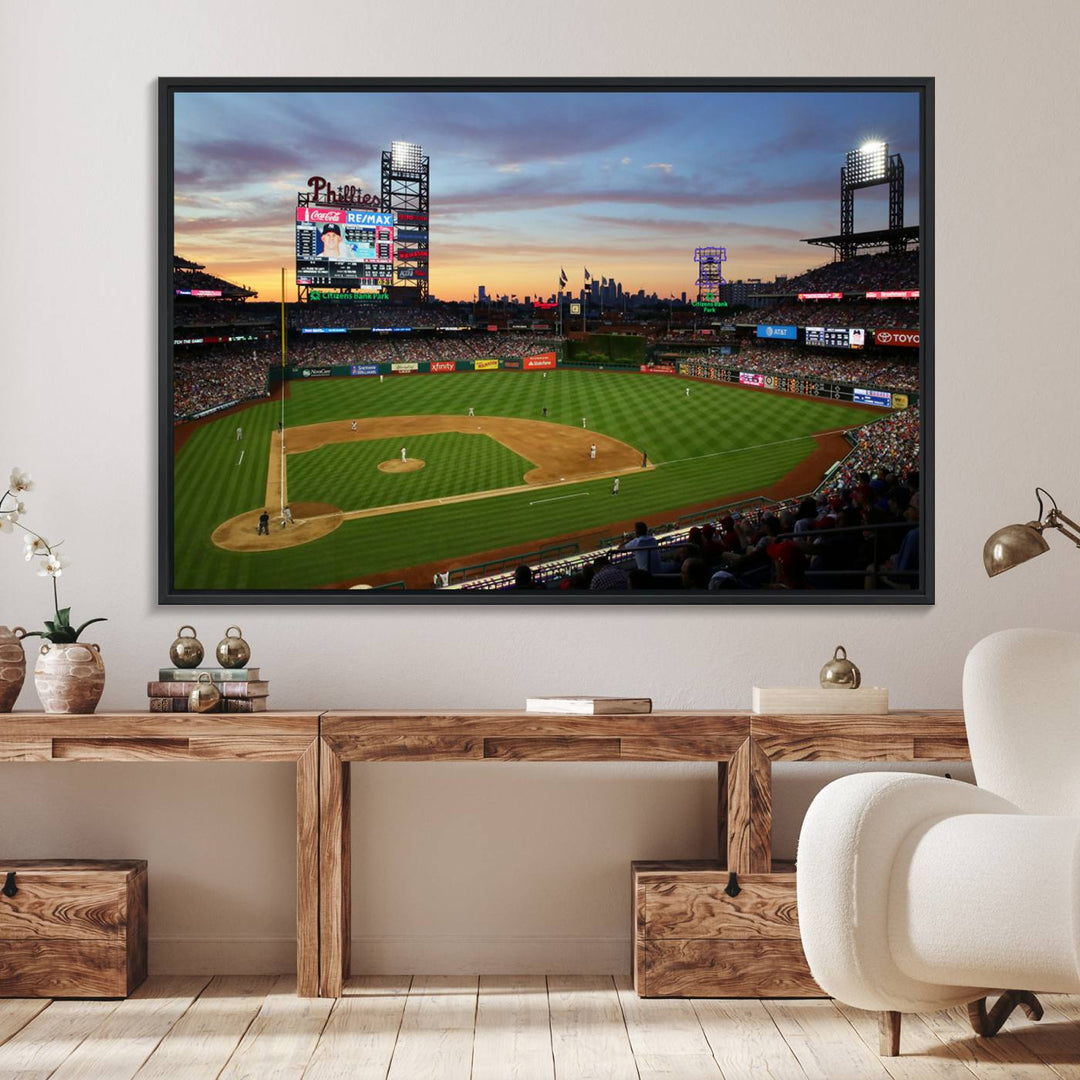 A sunset game at Citizens Bank Park depicted on a 3-panel Phillies canvas.