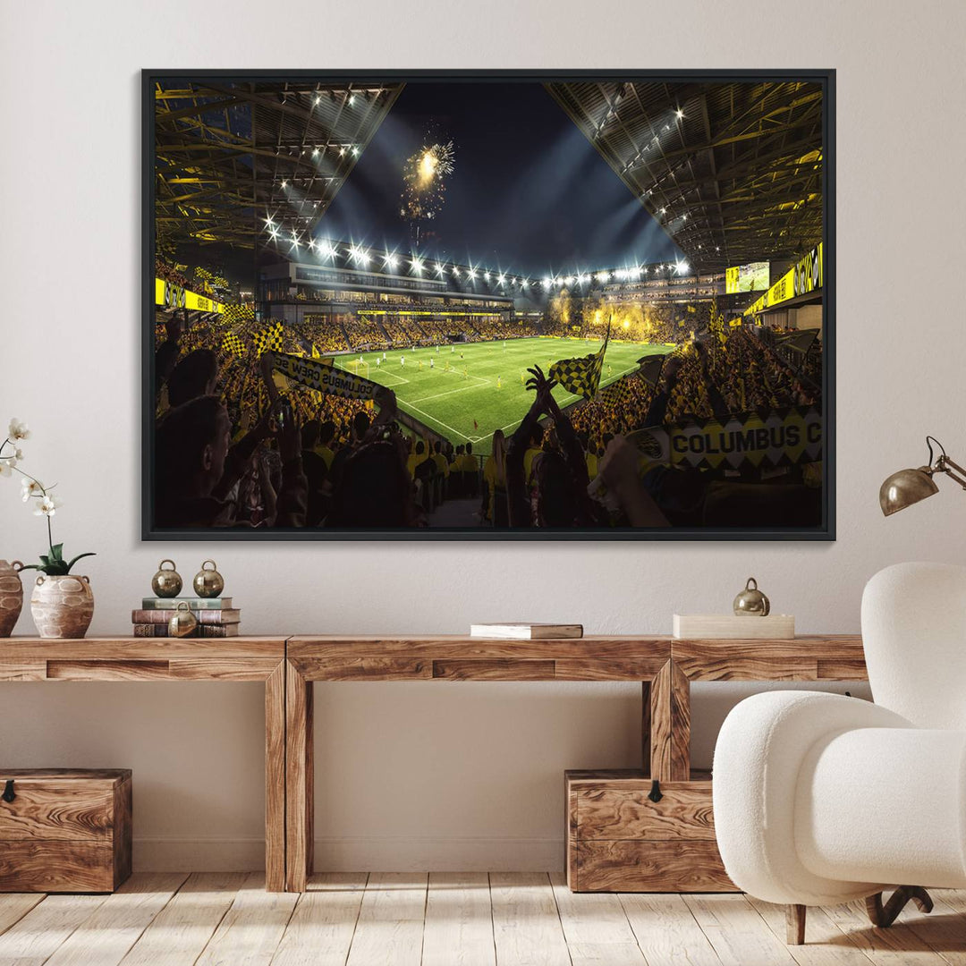 The wall art canvas print captures a packed soccer stadium scene with fans and fireworks.