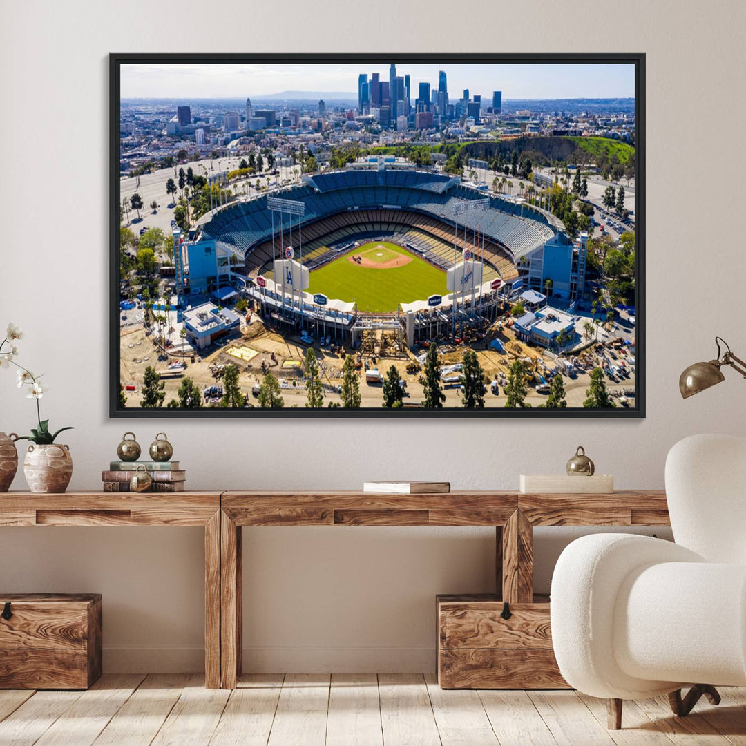 Aerial view of Dodger Stadium city skyline on a premium Los Angeles Dodgers MLB canvas print.