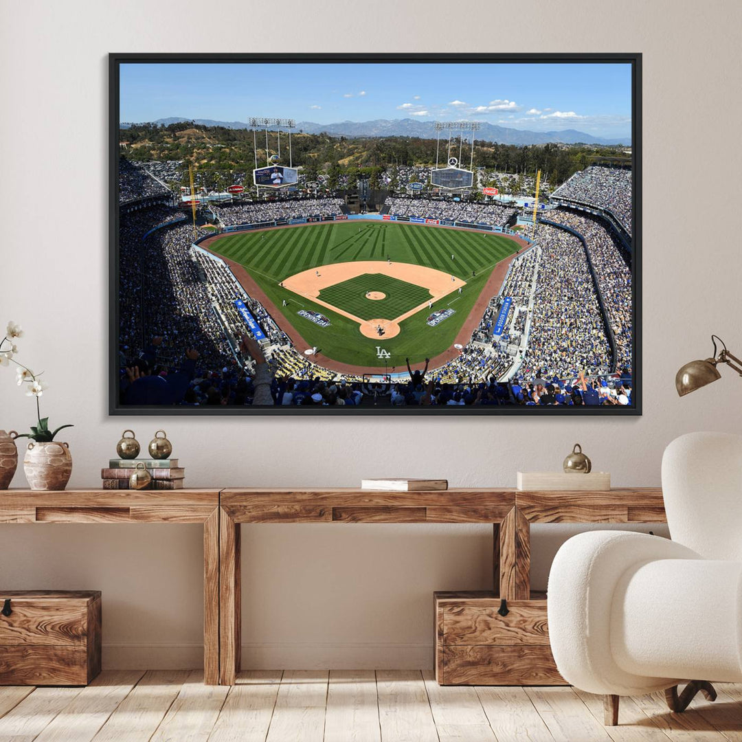 Aerial view of Dodger Stadium captured in gallery-quality on a Dodgers wall art canvas.