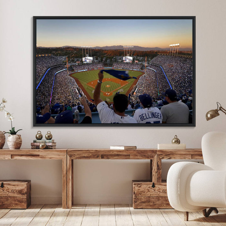 A triple canvas wall art captures the scene at Dodger Stadium, with fans cheering as the sun sets and a flag waving on the field.