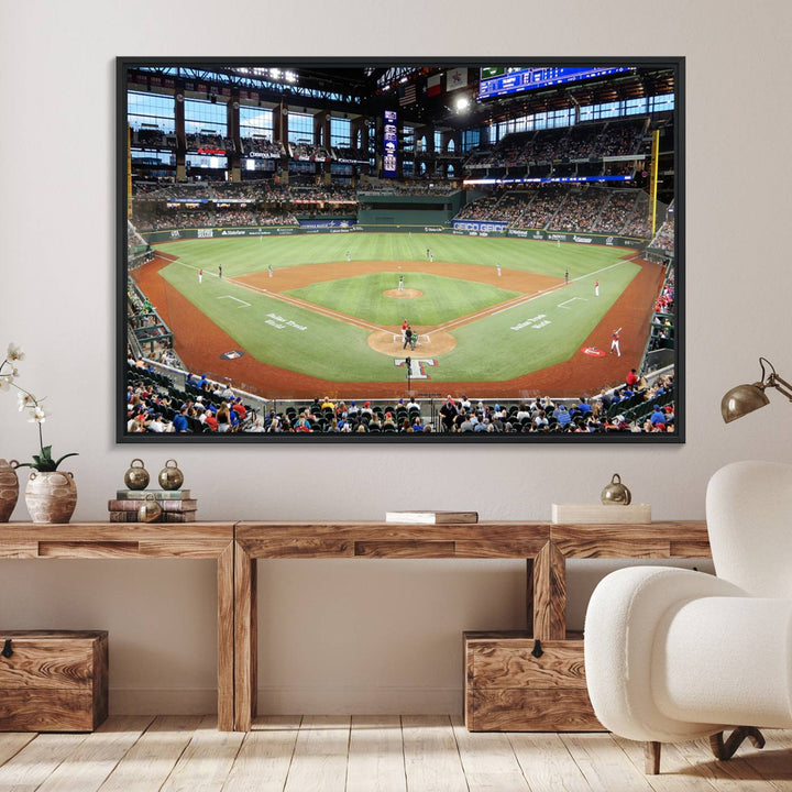 Admire the Texas Rangers Wall Art showcasing Globe Life Fields covered stadium and its lively crowd.