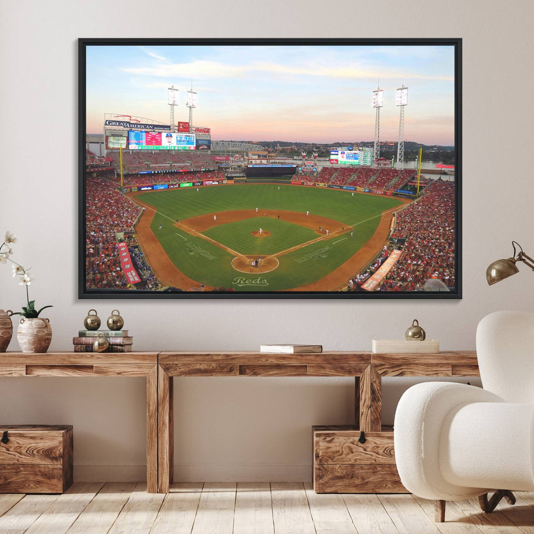 Cincinnati Reds game at sunset: Stadium wall art canvas.